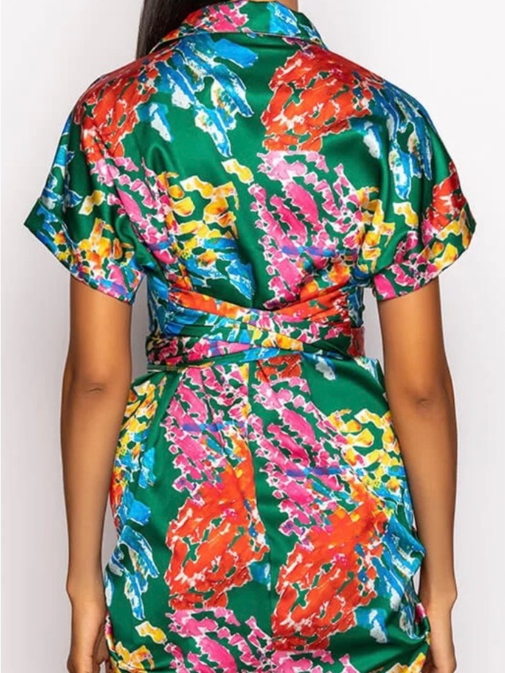 AKIRA Green Multicolor Tie-Waist Mini Shirt Dress - Picture 8 of 10